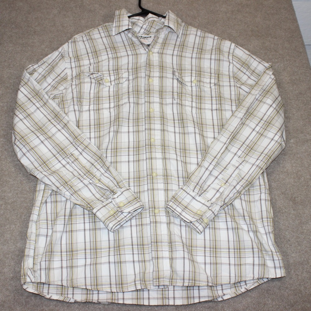 Wrangler Jeans Co Mens Large Plaid Button Down Shirt Long Sleeve Cotton White